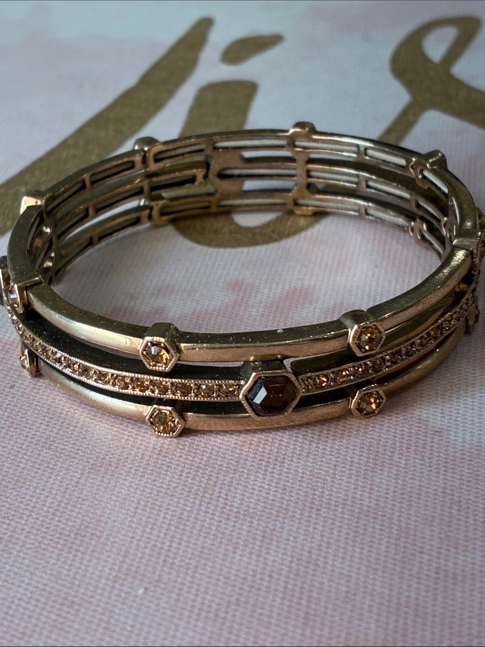 Gold-Tone Hexagon Rhinestone Accents Bracelet - Elegant Gold Stretch Bang